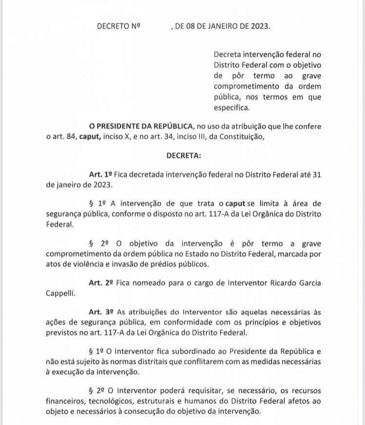 Lula decreta a intervenção federal no Distrito Federal até o dia 31 de janeiro de 2023