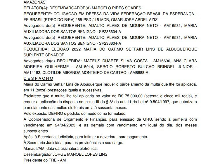 Ex-suplente de Arthur Neto pede parcelamento de multa eleitoral de R$ 75 mil no Amazonas