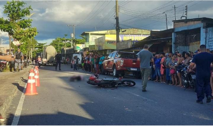 Tragédia na zona Norte: Jovem morre ao bater moto em picape e ser atropelado por caminhão