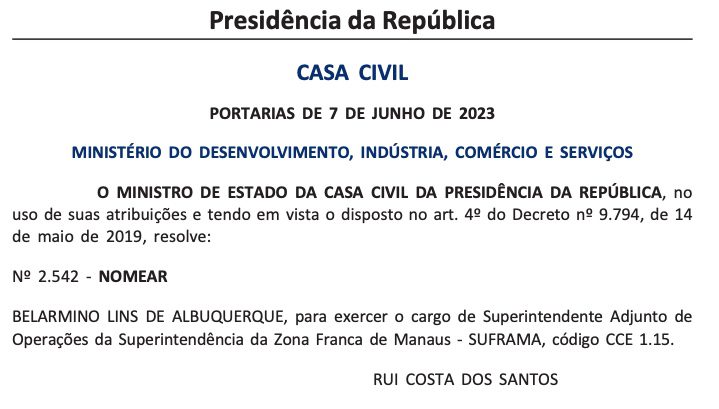 Ex-deputado Belarmino Lins é nomeado para cargo na Suframa no governo Lula Portal Remador