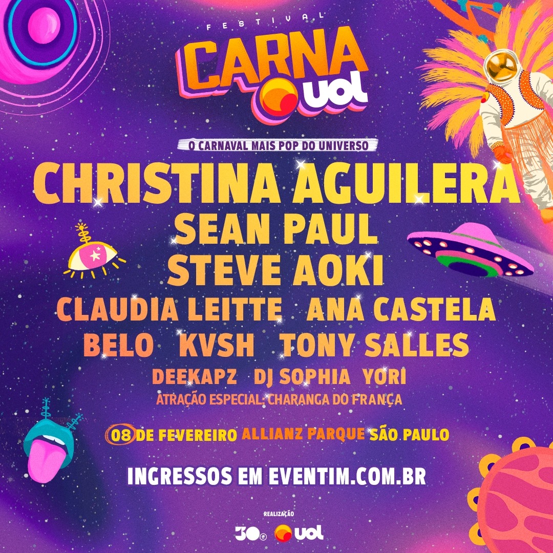 Contagem regressiva para a folia: CarnaUOL 2025 apresenta Christina Aguilera, Sean Paul, Steve Aoki, Claudia Leitte e muito mais