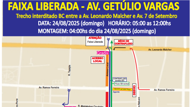 Prefeitura de Manaus divulga esquema de trânsito para ‘Faixa Liberada’ na avenida Getúlio Vargas neste domingo, 24/8