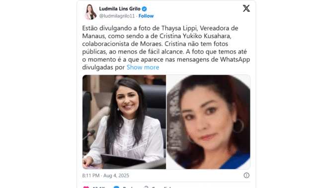 Fake news: foto da vereadora Thaysa Lippy é divulgada como se fosse de colaboradora de Alexandre de Moraes