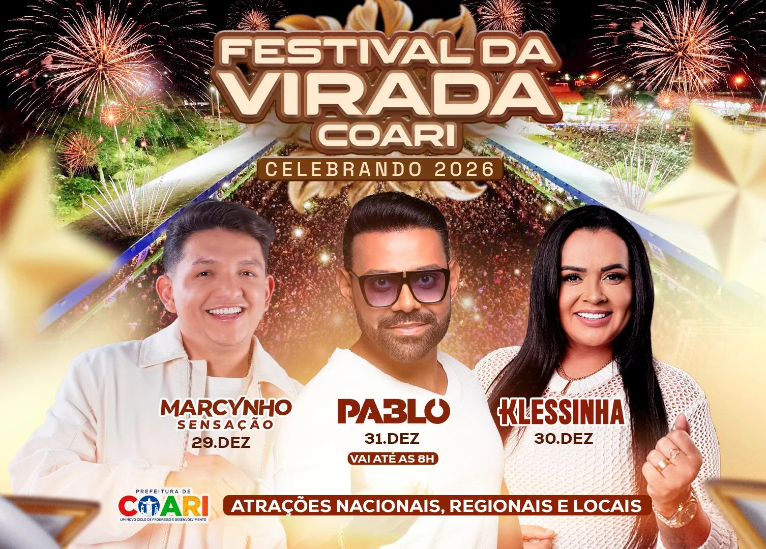 Festival da Virada em Coari terá Marcynho Sensação, Klessinha e Pablo na programação