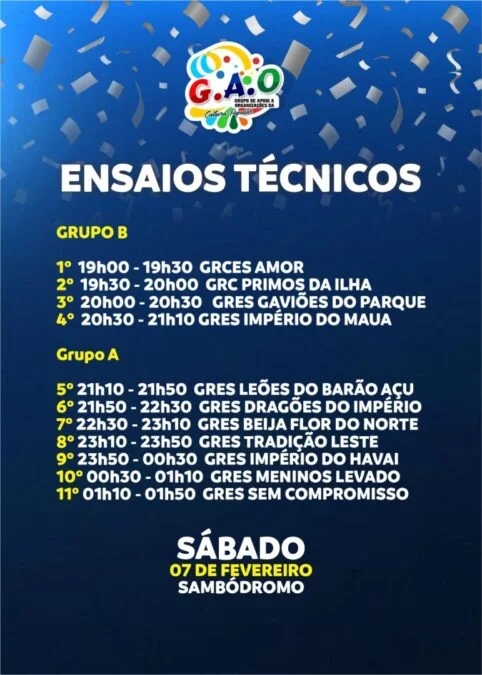 Veja o cronograma das 11 escolas de acesso que ensaiam em Manaus no sábado (7)