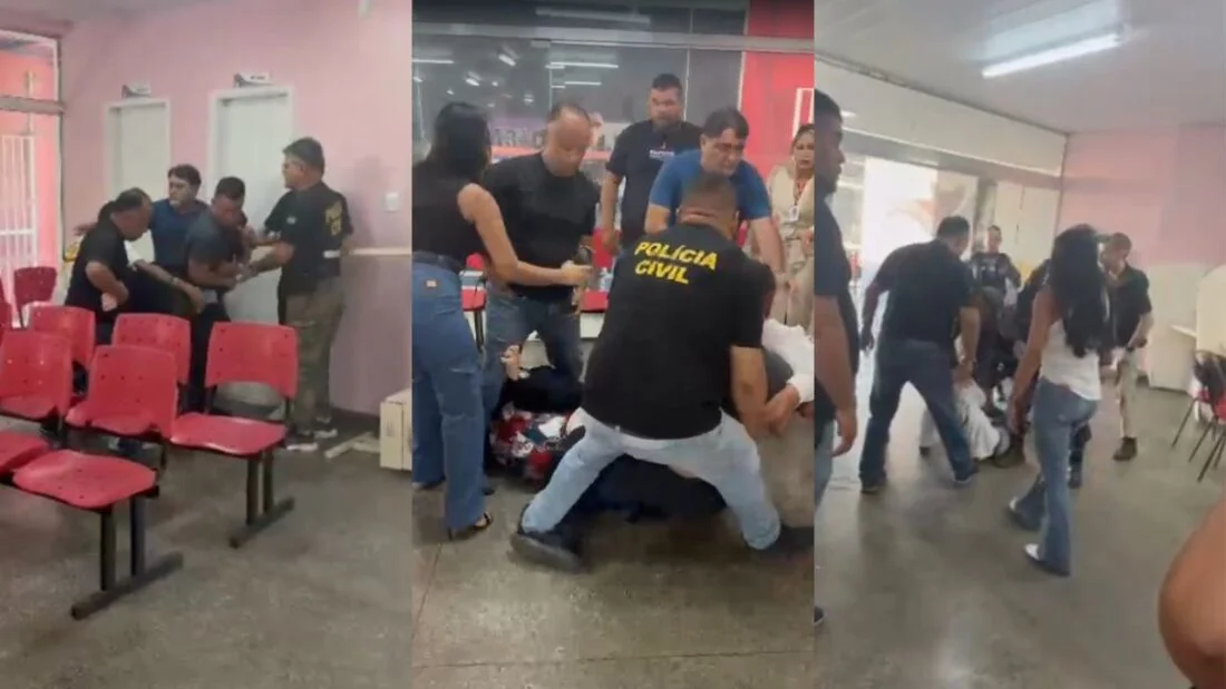 As imagens mostram o exato momento em que a troca de ofensas verbais evolui para a violência física, com socos e empurrões diante de servidores e pessoas que buscavam atendimento na unidade localizada na avenida Nossa Senhora da Conceição, no bairro Cidade de Deus.