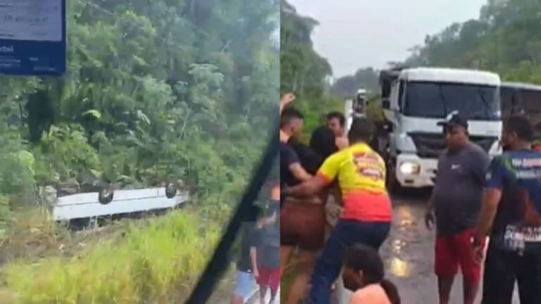 Ônibus com passageiros sai da pista e cai em barranco na região da Ladeira da Vovó