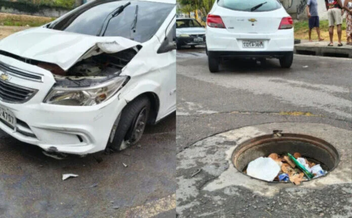 Motorista escapa ilesa após acidente causado por bueiro sem tampa na zona Sul de Manaus