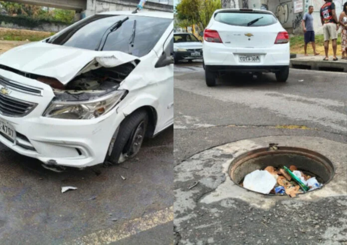 Motorista escapa ilesa após acidente causado por bueiro sem tampa na zona Sul de Manaus