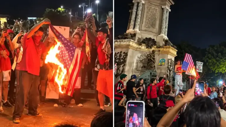 Bandeira dos Estados Unidos é queimada durante manifestação da esquerda no Centro de Manaus